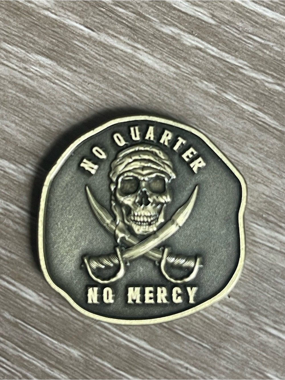 No Quarter No Mercy Skull Challenge Coin Brass-Tone Black Accent